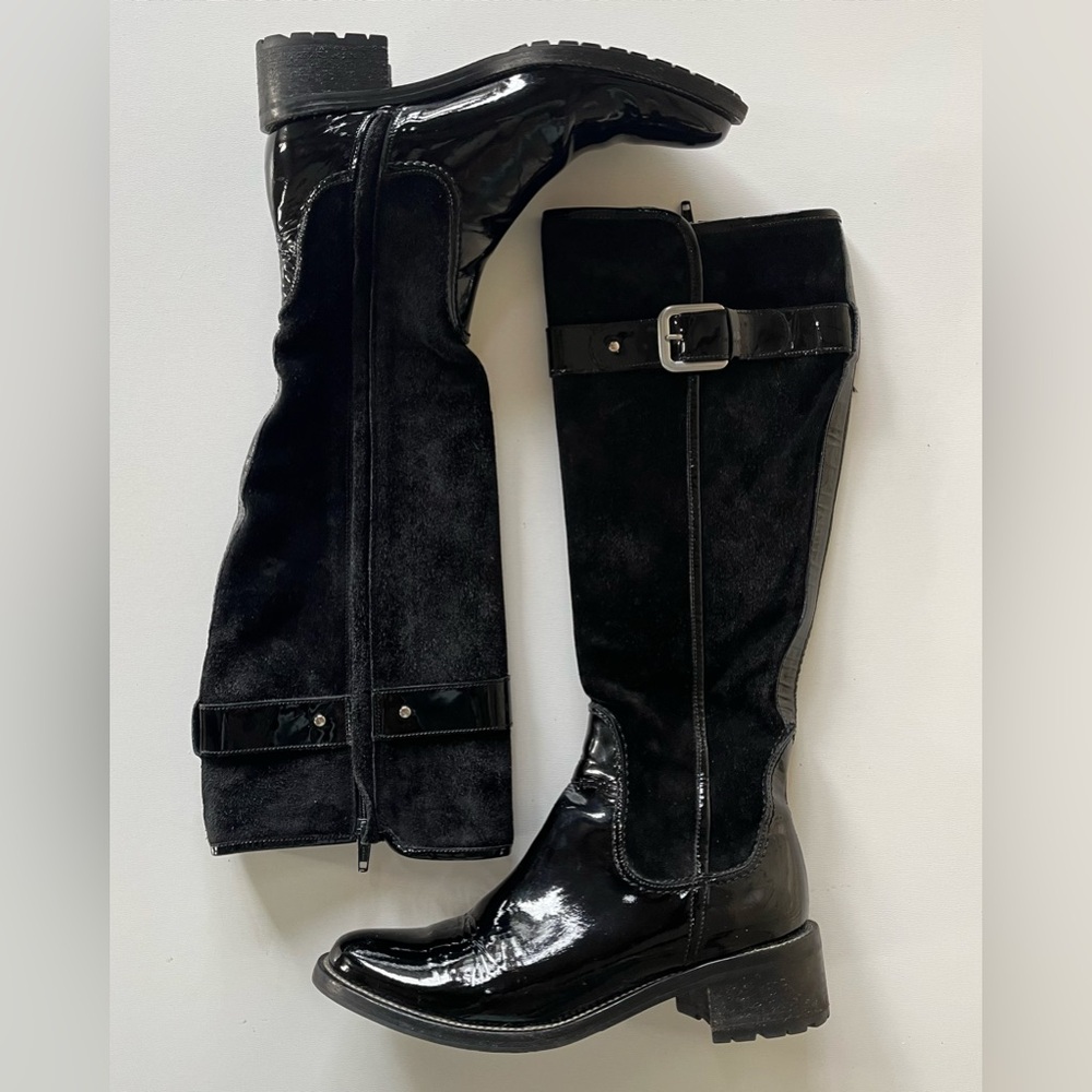 Cole Haan Fabrizia black suede and patent knee boots. Size 5
